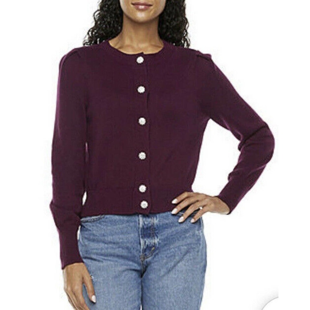 Ryegrass Women French Wine Long Sleeve Cashmere Blend Cardigan Jeweled Buttons